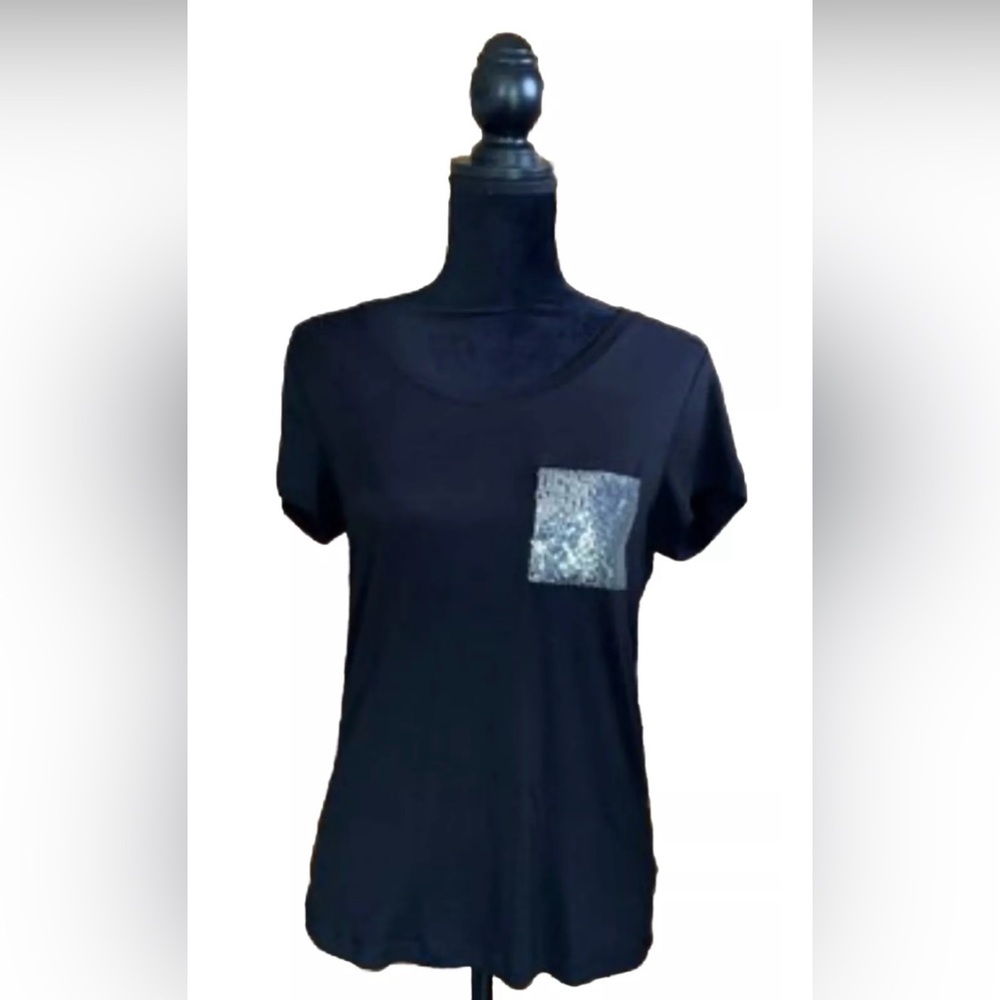 Ellen Tracy Women Shirt Size Small Black Silver Sequin Pocket Detail Shortsleeve